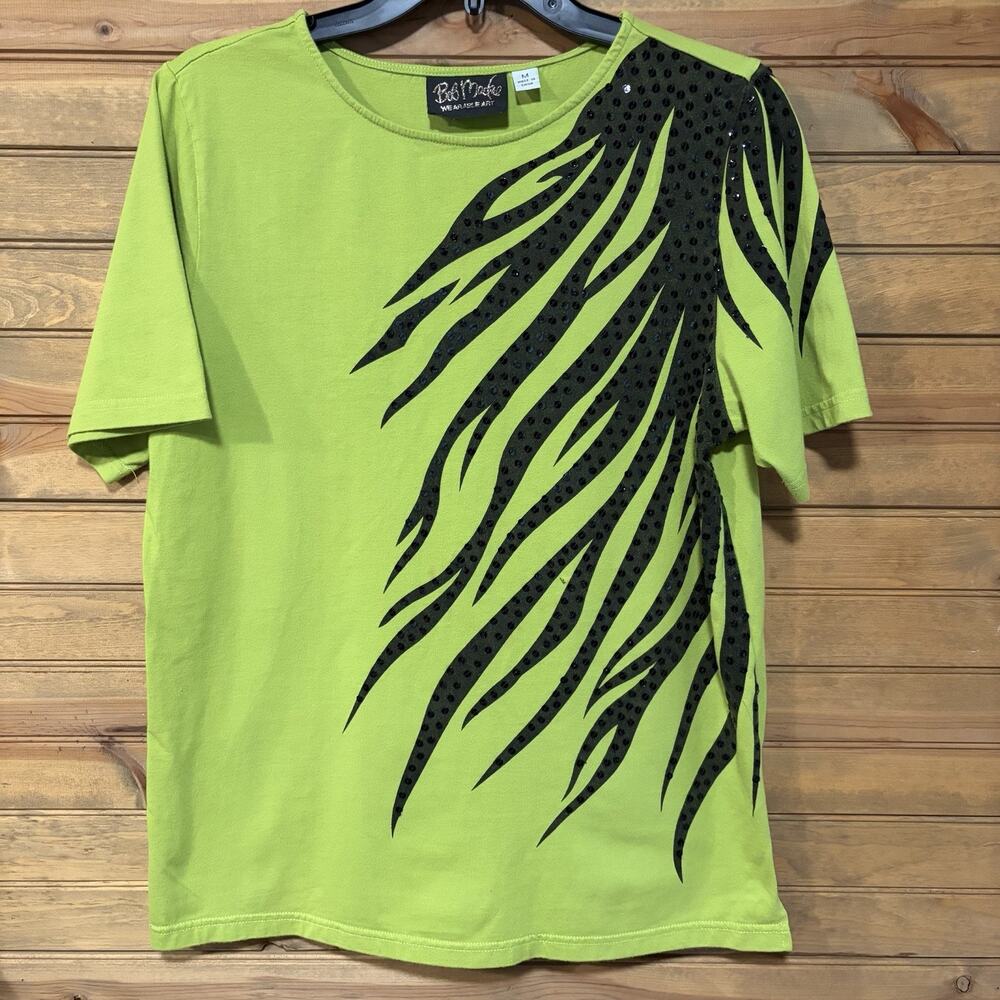 Bob Mackie Wearable Art Women’s Lime Green T-shirt With Bling Size Medium
